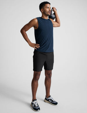 blue sleeveless mens muscle tank top with a ribbed collar.